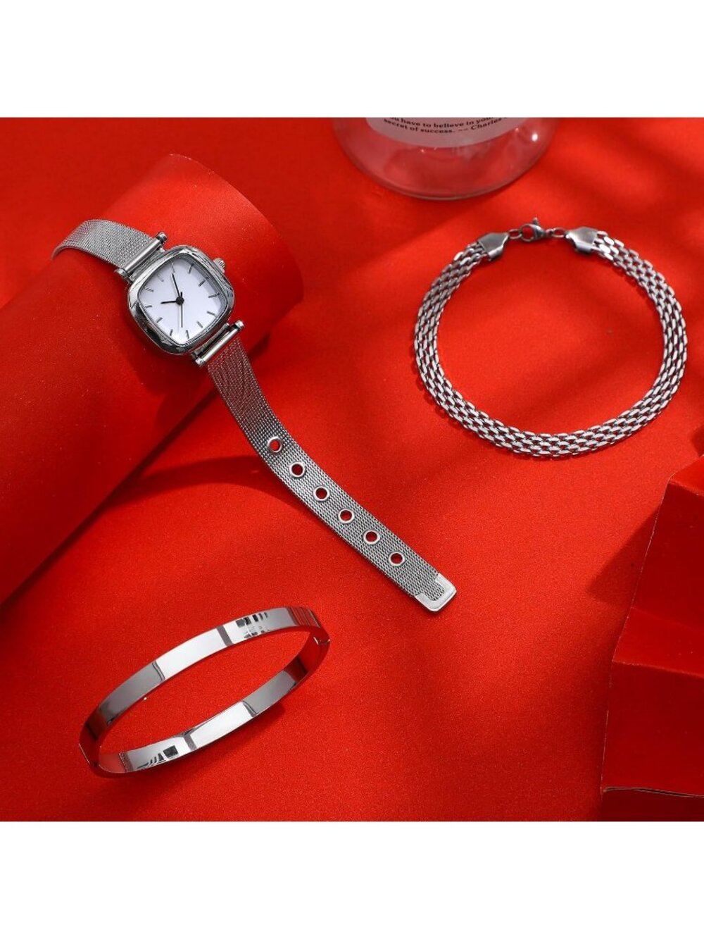 Women's Silver Mesh Band Stainless Steel Plated Square Bangle Bracelet Watch - Picture 4 of 7